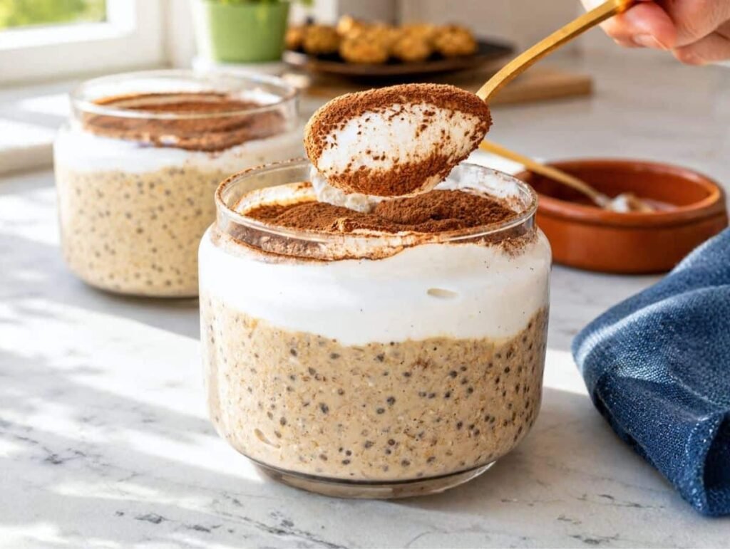Tiramisú Overnight Oats (aderezo cremoso de yogur griego)